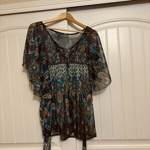 Cecico Boho Style Blouse Small Long Sleeve Sheer Floral Print Brown Green Tie